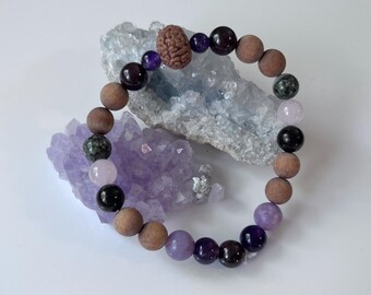 GANESHA Unisex Edelstein, Sandelholz & Rudraksha Armband | 8 Mukhi Rudraksha Java Indonesien | Lepidolith | roter Granat | Amethyst | Jet | usw