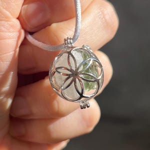 Unisex Raw Czech Moldavite, White Azeztulite TM USA, Azozeo Phenacite & Grey Herderite Crystal Combo | Silver Locket Pendant Silk Necklace