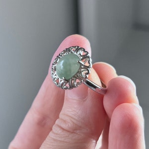 Adjustable Ring | US 7 | Natural Translucent Light Green Icy Grade A JADEITE Fei Cui Cabochon Burma 925 Silver Flower Ring