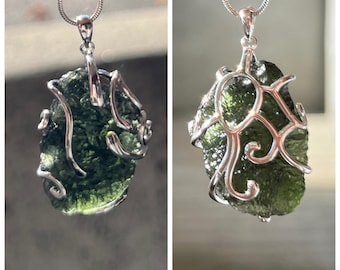 Colgante unisex de plata de tectita intacta de moldavita checa verde oscuro de 6 g de grado A auténtica / Sinergia de 12 piedras / Transformación espiritual