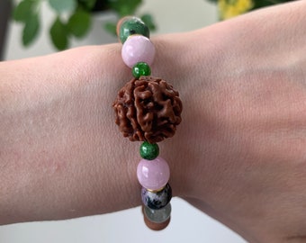 SARASWATI Unisex Bracelet. 4 Mukhi Rudraksha Nepal, Kunzite, Chrome Diopside, Green Bliss Quartz Tanzania, Prehnite, Raw Sandalwood Nepal