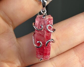 Beautiful Raw Sweet Rich Red Rhodonite Crystal (Brazil) | Unisex Sterling Silver Rhodium Plated Pendant | Root & Heart Chakras | Love Energy
