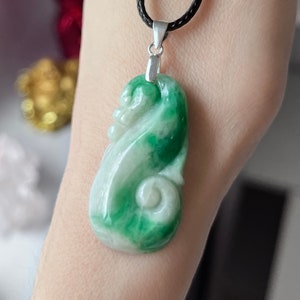 Natural Untreated Type A Hot Green White JADEITE Carved DRAGON Fei Cui Burma | Imperial Green | Unisex Sterling Silver Jadeite Pendant
