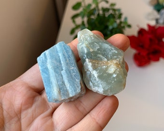 Throat Chakra 2x Stone Lot. Raw Gemmy Lemurian Aquatine Calcite and Raw Aquamarine Crystals. Higher Heart. Communication. Emotional Healing