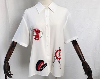 1980s oversized ladies nautical themed embroidered blouse. UK size 10