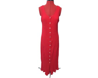 Red button down crape maxi dress with mother of pearl buttons. UK size 10-12