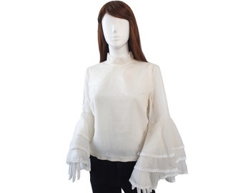 Mid to late 1960s white sheer point d'esprit fabric bell sleeve blouse 35/36 inches bust (size small)