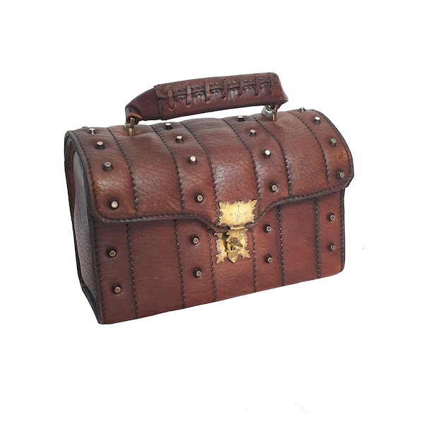 Vintage midcentury studded brown treasure chest top handle handbag.