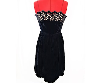 Vintage little black velvet dress with eyelet detail and bubble skirt. XXS