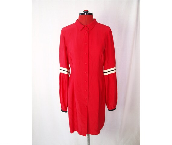 Red puff sleeve vintage silk shirt dress size UK … - image 9