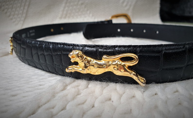 Vintage 1980s French deadstock black mock croc leather belt with wild cat gold hardware leopard vintage belt 85cm34 in Cheetah