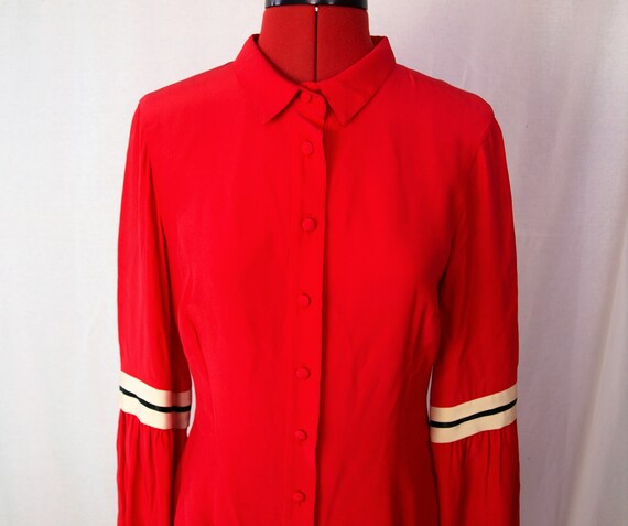 Red puff sleeve vintage silk shirt dress size UK … - image 5