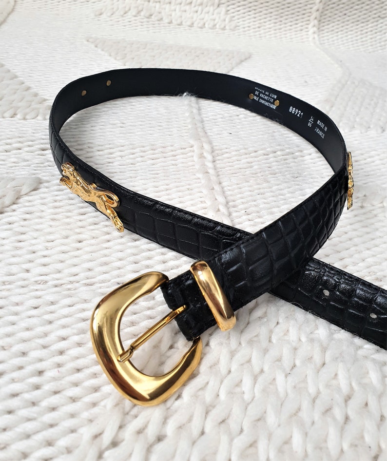 Vintage 1980s French deadstock black mock croc leather belt with wild cat gold hardware leopard vintage belt 85cm34 in Cheetah