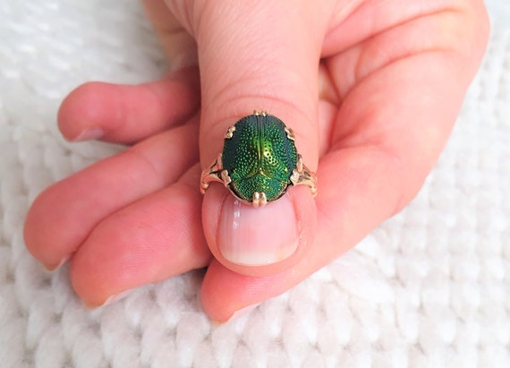 Rare Victorian 9ct gold real scarab beetle ring U… - image 1