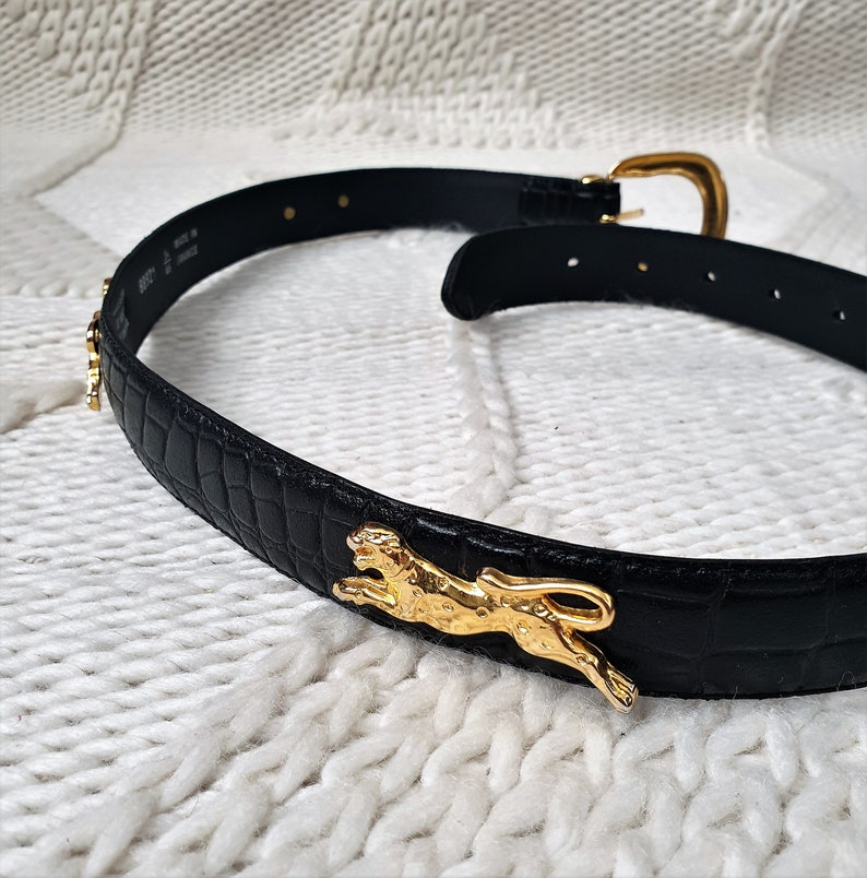 Vintage 1980s French deadstock black mock croc leather belt with wild cat gold hardware leopard vintage belt 85cm34 in Cheetah