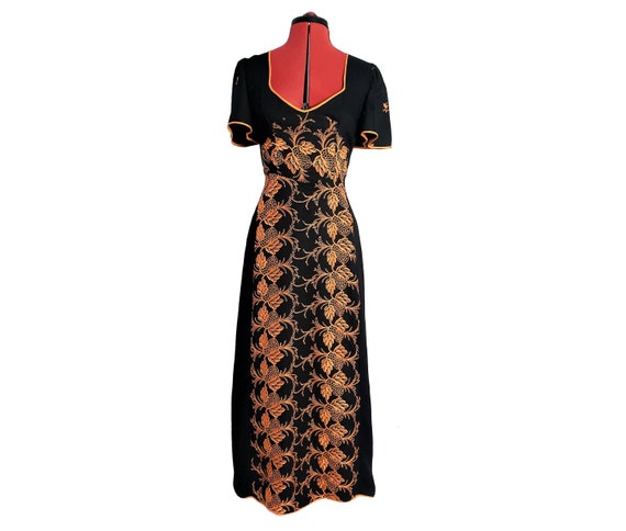 1970s black moss crepe hippie maxi dress with oran