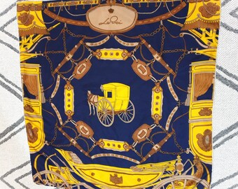 1970s hand rolled hem vintage silk scarf with royal horse and carriage.