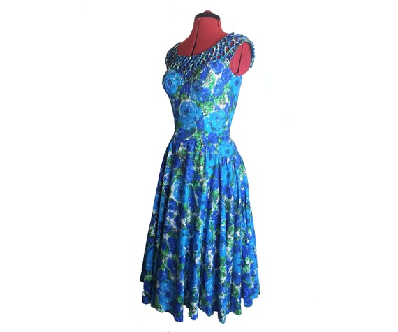 Authentic 1950s Alix of Miami blue floral cocktail