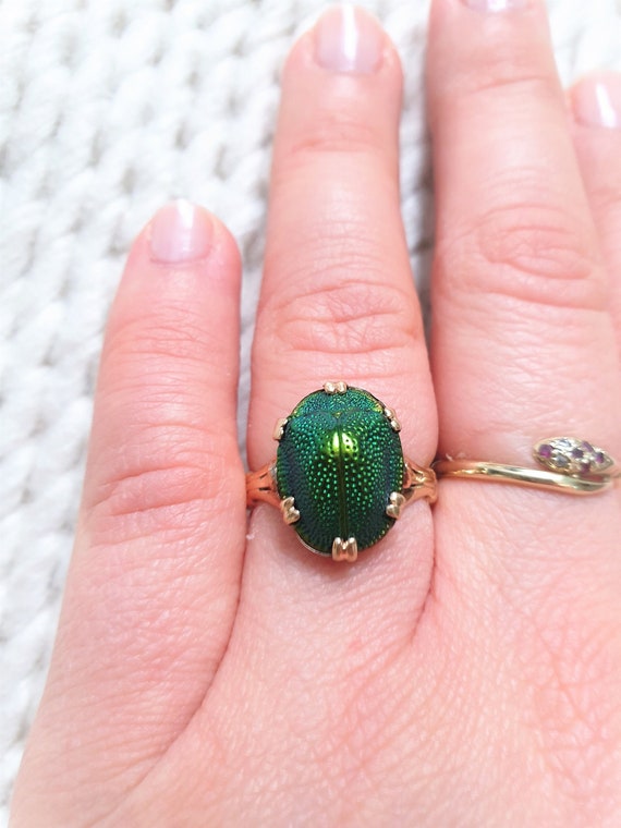 Rare Victorian 9ct gold real scarab beetle ring U… - image 5