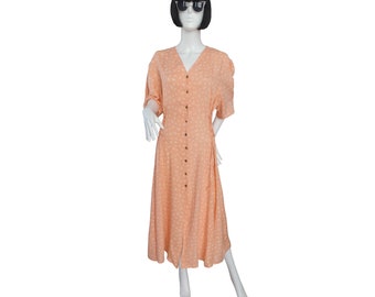 Helles, pfirsichfarbenes, florales, geknöpftes Kleid aus Viskose im Stil der 1940er-Jahre der 1990er-Jahre mit Spitzendetail. Größe Groß/Extra Groß