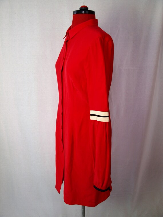 Red puff sleeve vintage silk shirt dress size UK … - image 4