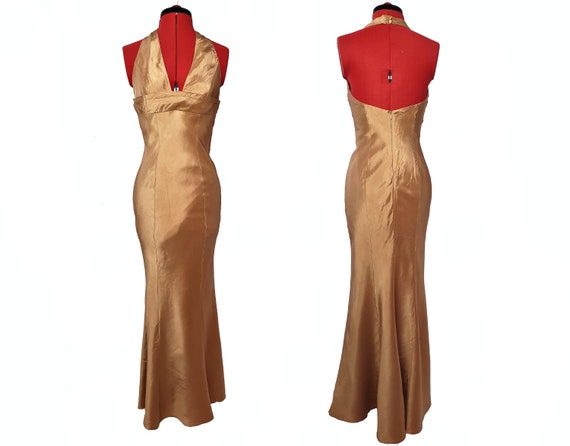 Old Hollywood 1930s style gold halter neck evening
