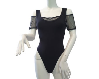 1990s vintage Anti-Flirt, Paris high cut lycra thong bodysuit with mesh cold shoulder sleeve size UK 8-10