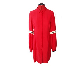 Red puff sleeve vintage silk shirt dress size UK 10.