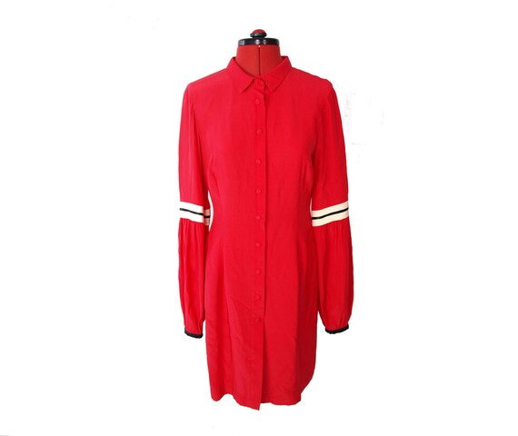 Red puff sleeve vintage silk shirt dress size UK … - image 1