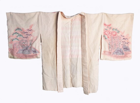 Vintage Japanese silk shibori kimono with landsca… - image 1