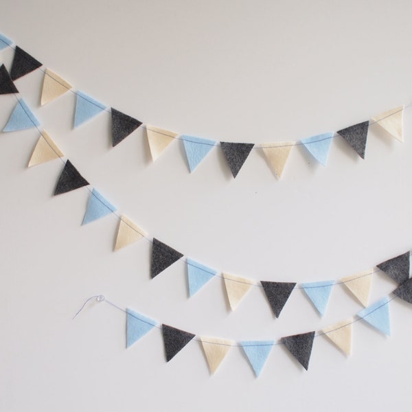 6' Felt Flag Bunting / Banner Baby Boy Blue, Grey, Cream, Small 2" flags