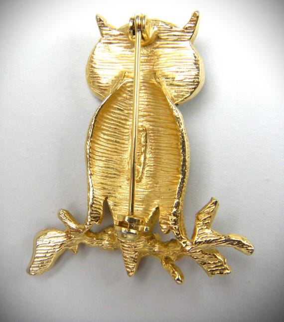 Signed Owl Brooch with Colorful Enamel and Faux E… - image 2