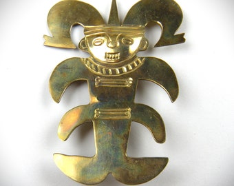 Signed Columbia Brass Brooch Pre Columbian Design