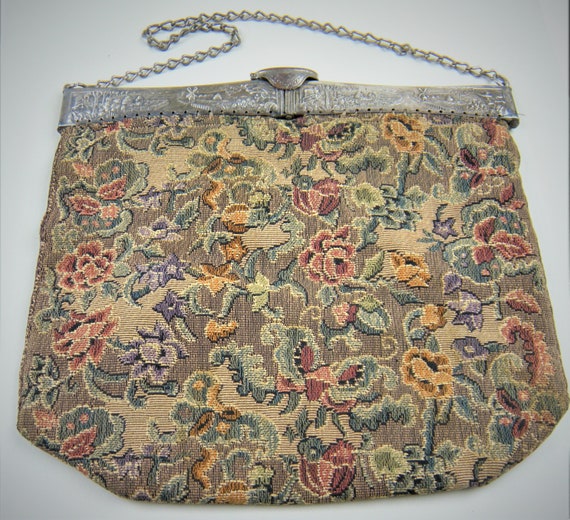 1900's Double Hinged Frame Purse with Tapestry Bag - image 1