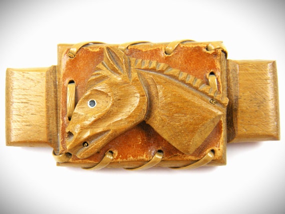 1940's Horse Head Brooch Wood and Leather - image 1