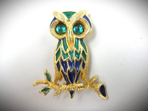 Signed Owl Brooch with Colorful Enamel and Faux E… - image 1