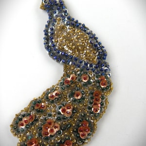 Huge 1940's Hand Crafted Peacock Brooch with Sequins and Beads