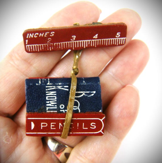 School Days 1930's Pin with Leather 'Books' and Ruler