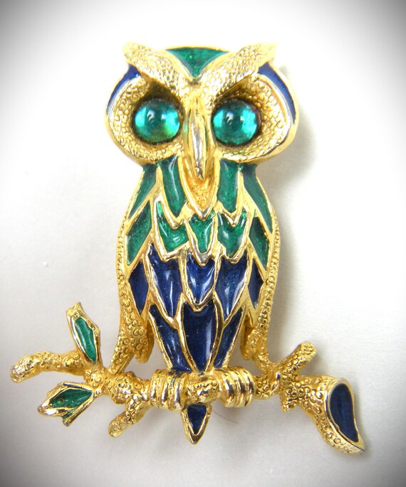 Signed Owl Brooch with Colorful Enamel and Faux E… - image 3