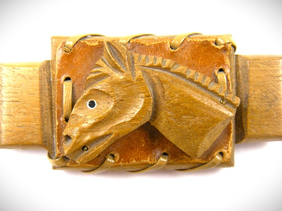 1940's Horse Head Brooch Wood and Leather - image 2