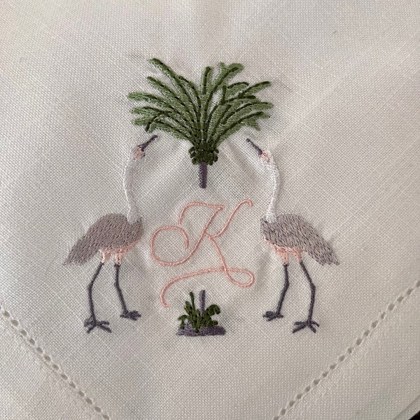 Custom Crane Palm Tree Initial Monogram Linen Napkins