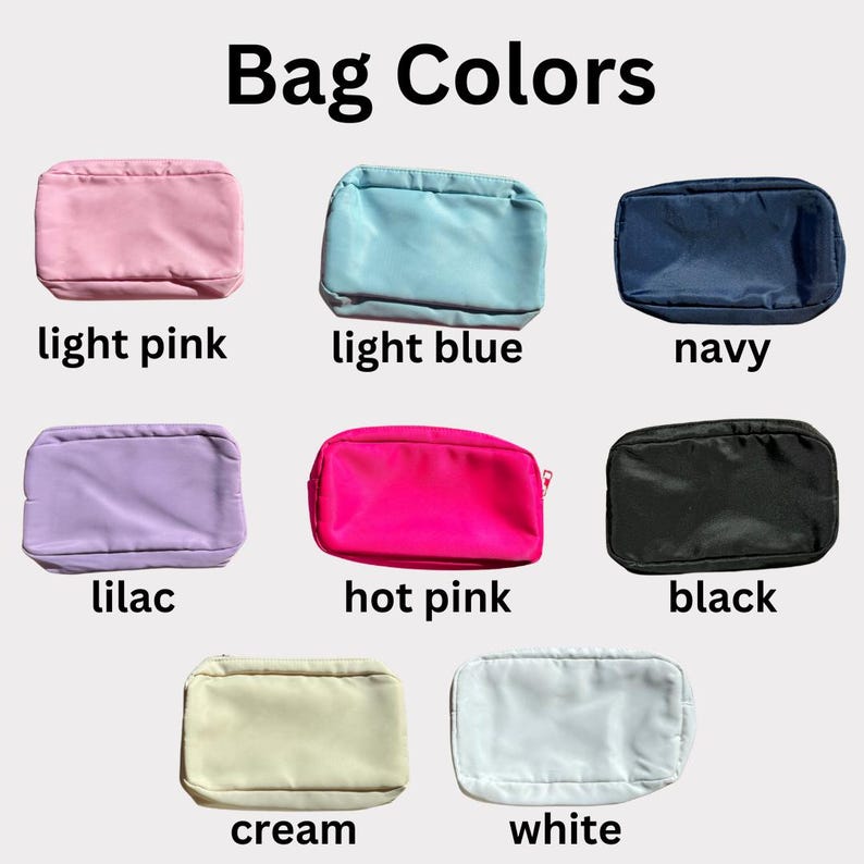 May include: A set of ten different colored cosmetic bags. The bags are all the same size and shape, and they are arranged in two rows of five. The colors of the bags are light pink, light blue, navy, lilac, hot pink, black, cream, white, and two shades of blue.