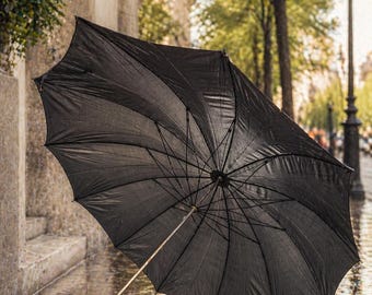 Vintage Black Umbrella with Ornate Metal Handle | Antique Style Parasol | Decorative Victorian-Inspired Umbrella