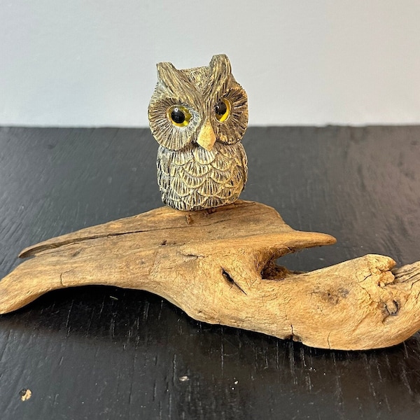 Vintage Earl Houck Driftwood Carved Owl Bird Sculpture Figurine Elegant ORNATE Folk Art Collectable Bird Love American