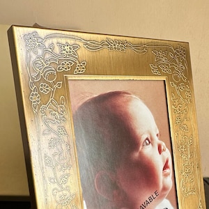 Vintage Gold Brass Babies First Baby Engravable Metal 3x4 Sleek Nursery Gift New Mom Parent Finish Frame Picture Linen New Old Stock CARR