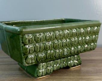 Vintage 4.5" Geometric  Art Green Pedestal Rectangle Long Glazed Shiny Planter Pot Succulent Pottery Ceramic MCM Modern Indoor Outdoor