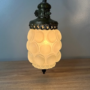 May include: A white frosted glass pendant light with a brass chain and ornate brass fixture. The light is on and illuminating the room.