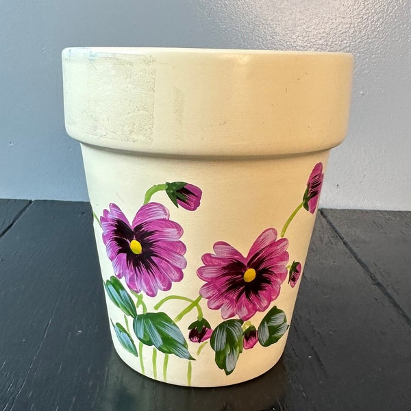 Vintage Purple Flowers MOD Mid Century Pottery Planter Pot Succulent Pottery Ceramic Bowl Plant Art Deco Drainage Hand Made