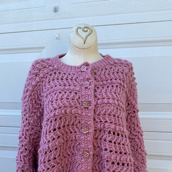 Vintage Oversized Pink Dusty Sweater Coat Cardigan Heart Knit Knitted L button up Granny Handmade Crochet Cozy Blanket One size