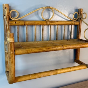 Vintage Bamboo Wicker Mid Century Modern Wood Shelf Shelves Rattan Knick Knack Multi Level KnickKnacks Bathroom Towel Plant Rack